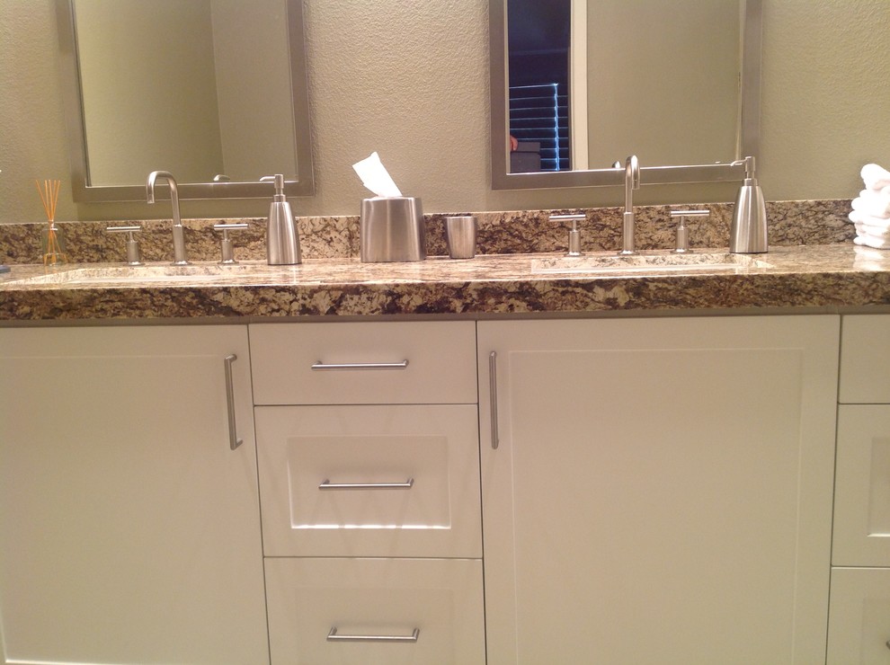 Bathroom - large transitional master beige floor bathroom idea with shaker cabinets, white cabinets, white walls and an undermount sink