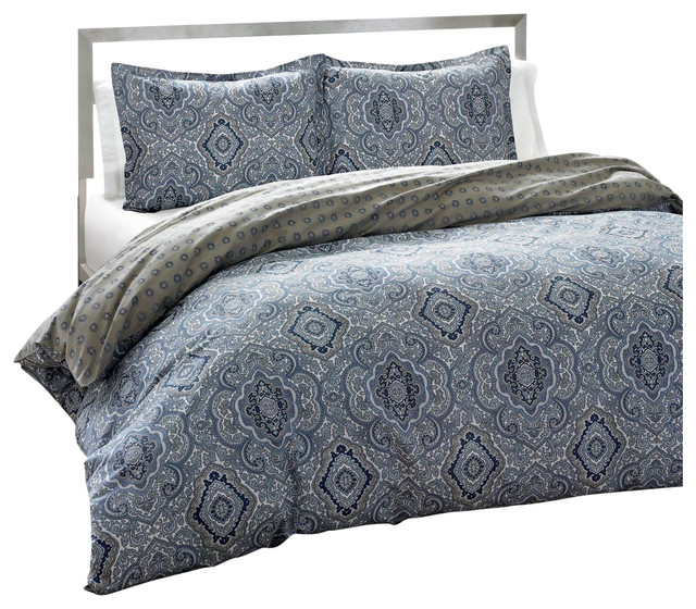 King 3 Piece Cotton Comforter Set With Blue Grey Damask Pattern