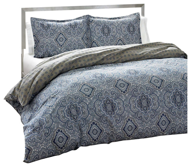 King 3 Piece Cotton Comforter Set With Blue Grey Damask Pattern King 3 Piece Cotton Comforter Set With