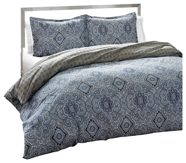 King 3 Piece Cotton Comforter Set With, Blue And Grey Bedding Sets
