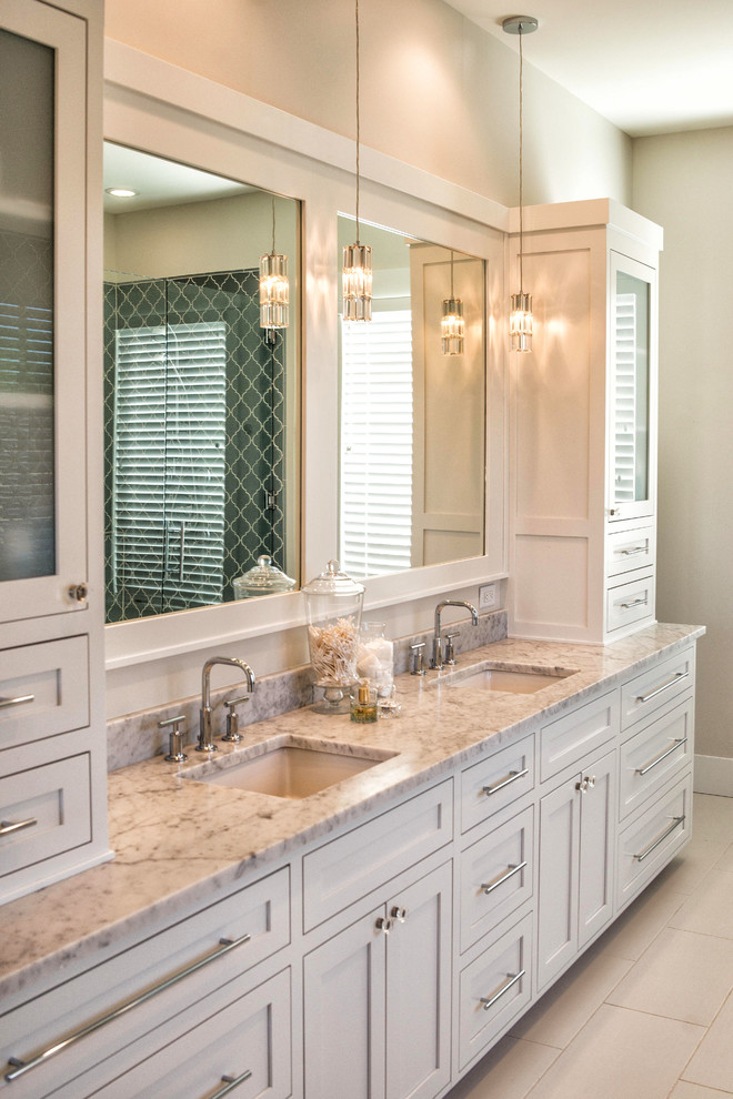 Large transitional master bathroom in Other with an undermount sink, flat-panel cabinets, white cabinets, marble benchtops, a drop-in tub, an open shower, white tile, ceramic tile, grey walls and ceramic floors.