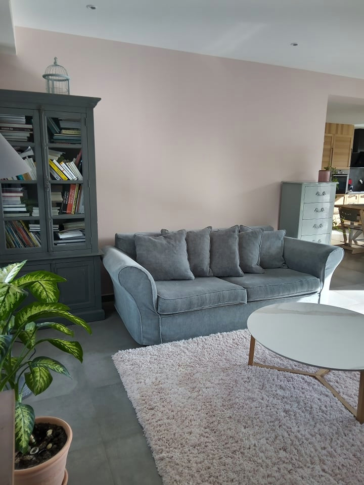 Modern inredning av ett mellanstort allrum med öppen planlösning, med ett bibliotek, rosa väggar, klinkergolv i keramik, en väggmonterad TV och grått golv