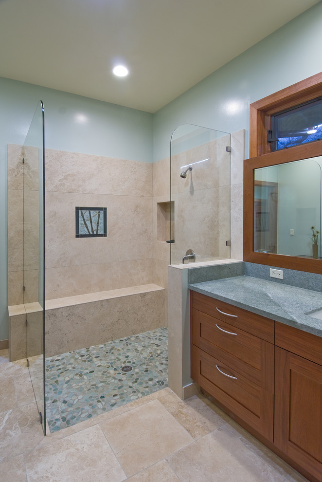 Design ideas for a beach style master bathroom in Hawaii with a corner shower, blue walls, ceramic floors, an undermount sink, beige floor, an open shower, shaker cabinets, medium wood cabinets, a drop-in tub and granite benchtops.