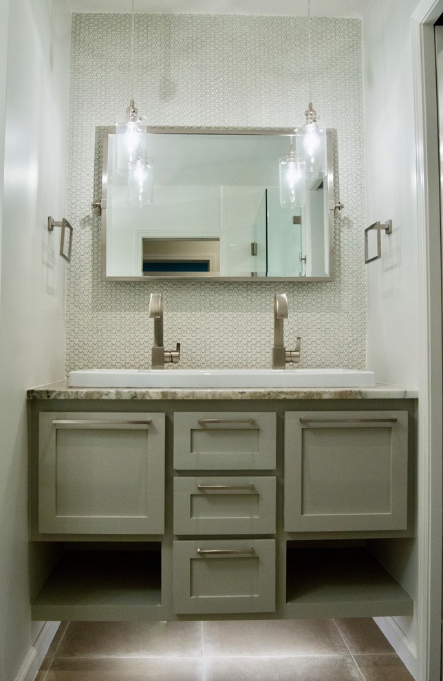 Small modern 3/4 bathroom in Other with recessed-panel cabinets, grey cabinets, white tile, white walls, an integrated sink, brown floor, brown benchtops, a single vanity, a built-in vanity and granite benchtops.