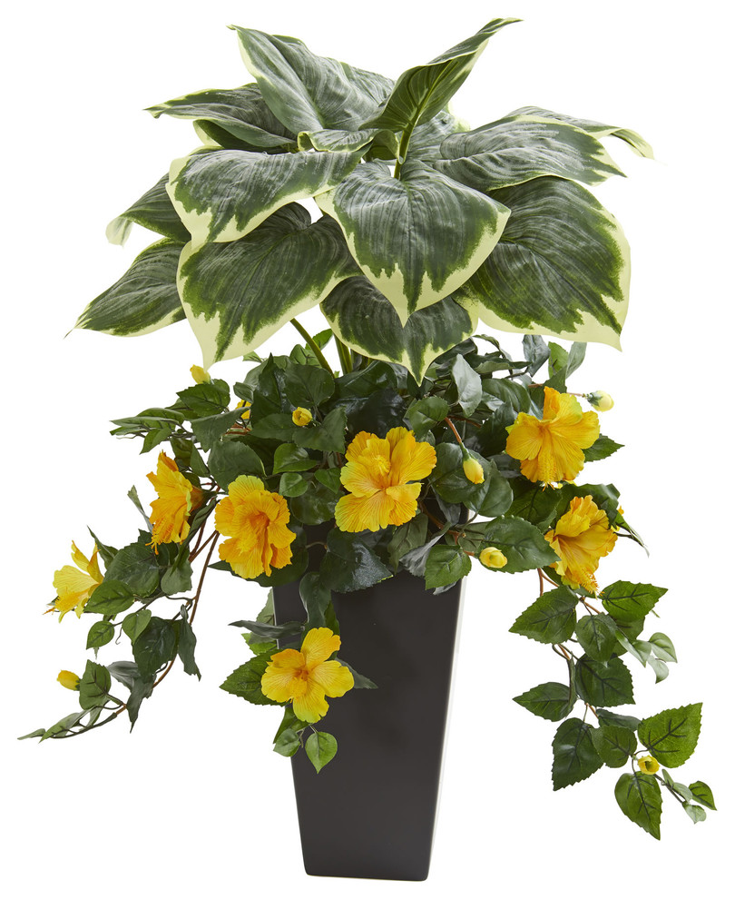 32" Hosta and Hibiscus Artificial Plant in Black Vase Tropical