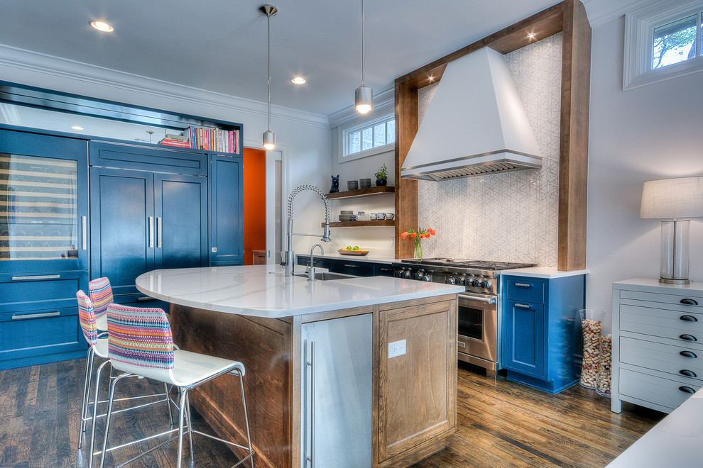 Transitional kitchen photo in Austin with white backsplash and stone tile backsplash