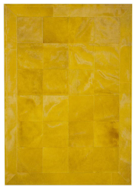 Patchwork Leather Cubed Cowhide Rug, Plain Yellow With Border, 200x300 cm