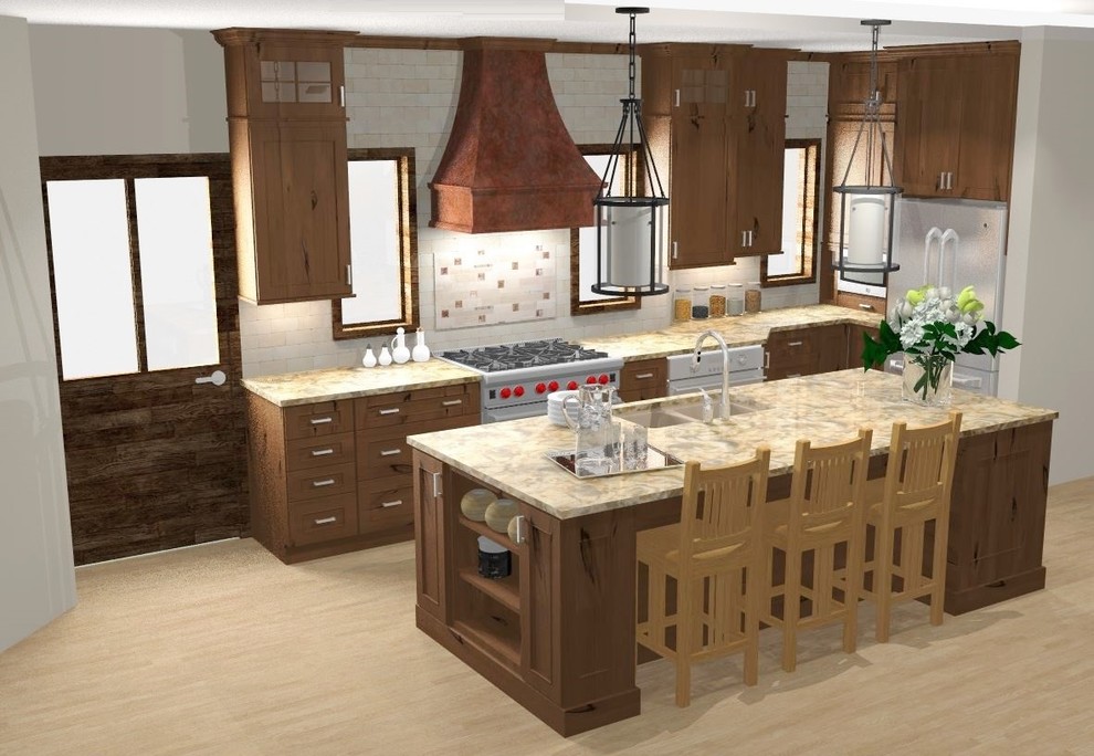 Photo of a mid-sized traditional l-shaped eat-in kitchen in Minneapolis with an undermount sink, recessed-panel cabinets, medium wood cabinets, quartz benchtops, beige splashback, travertine splashback, stainless steel appliances, light hardwood floors, with island and beige floor.