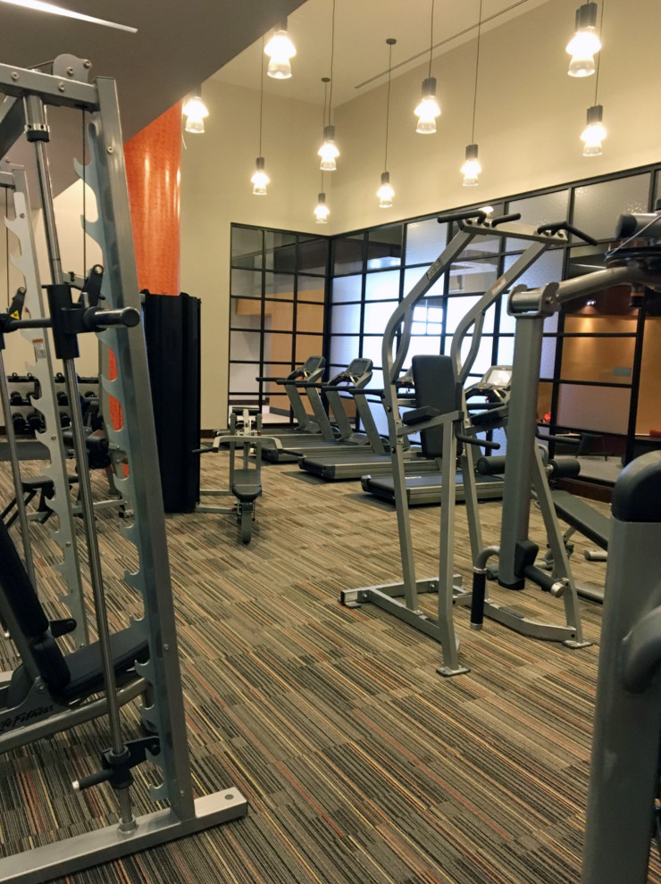 This is an example of a large home gym in Baltimore with carpet and multi-coloured floor.
