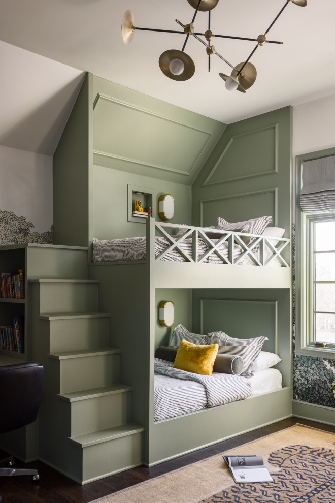 This is an example of a transitional gender-neutral kids' bedroom for kids 4-10 years old in Kansas City with white walls, dark hardwood floors, brown floor, vaulted, panelled walls and wallpaper.