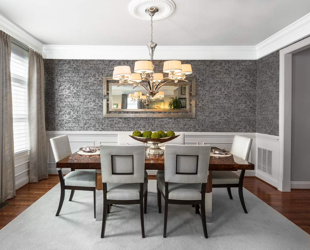 Inspiration for a mid-sized transitional dining room in DC Metro with grey walls, medium hardwood floors and no fireplace.