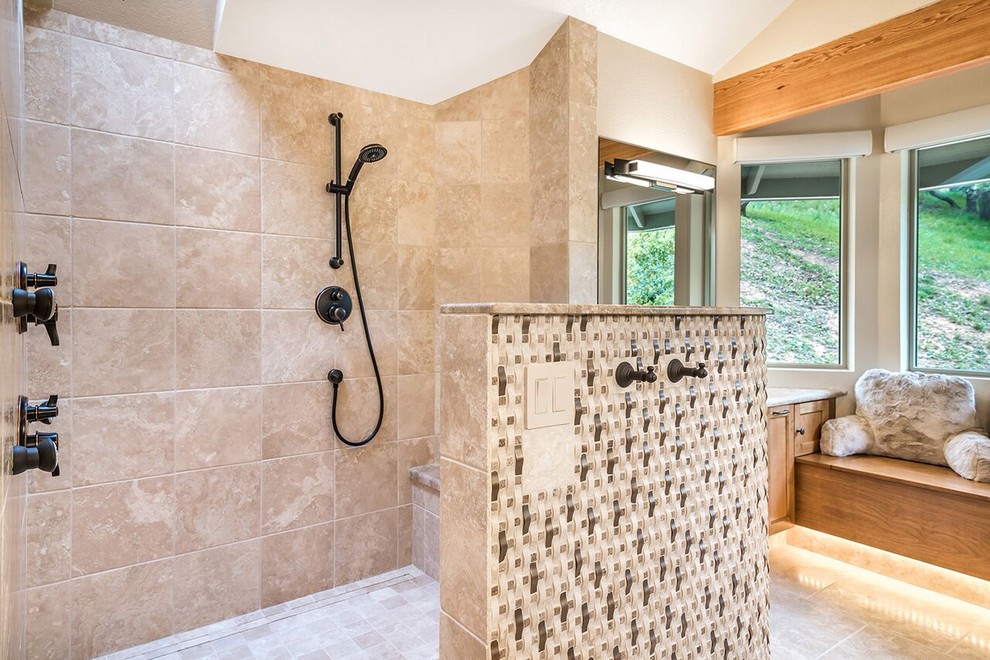 This is an example of a large country master bathroom in San Francisco with shaker cabinets, medium wood cabinets, granite benchtops, an open shower, a two-piece toilet, beige walls, porcelain floors, an undermount sink, beige tile, brown tile, ceramic tile, beige floor and an open shower.