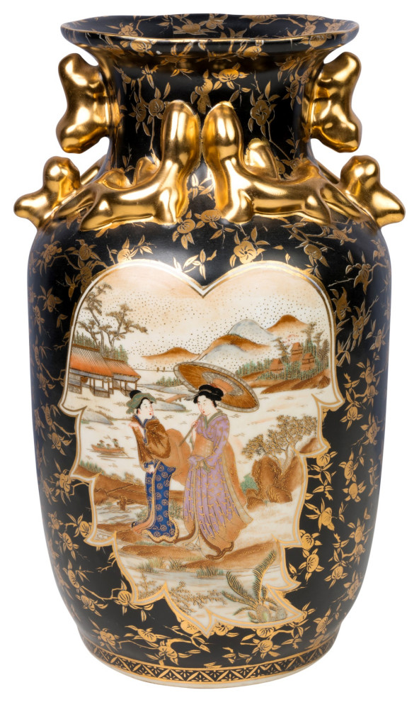 Beautiful Chinese Black and Gold Satsuma Porcelain Vase 15" Asian Vases by William Sung