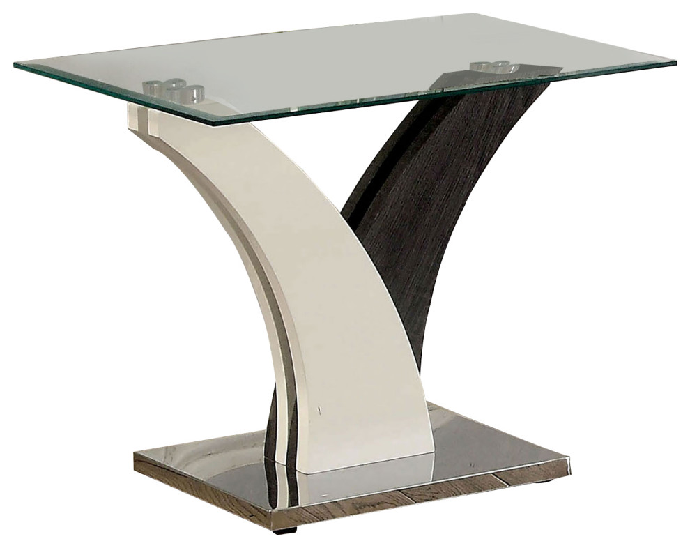 Modern Two Tone Flared Base End Table With Glass Top, White And Gray