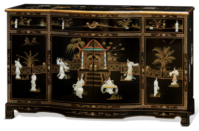 Black Lacquer Mother of Pearl Oriental Sideboard