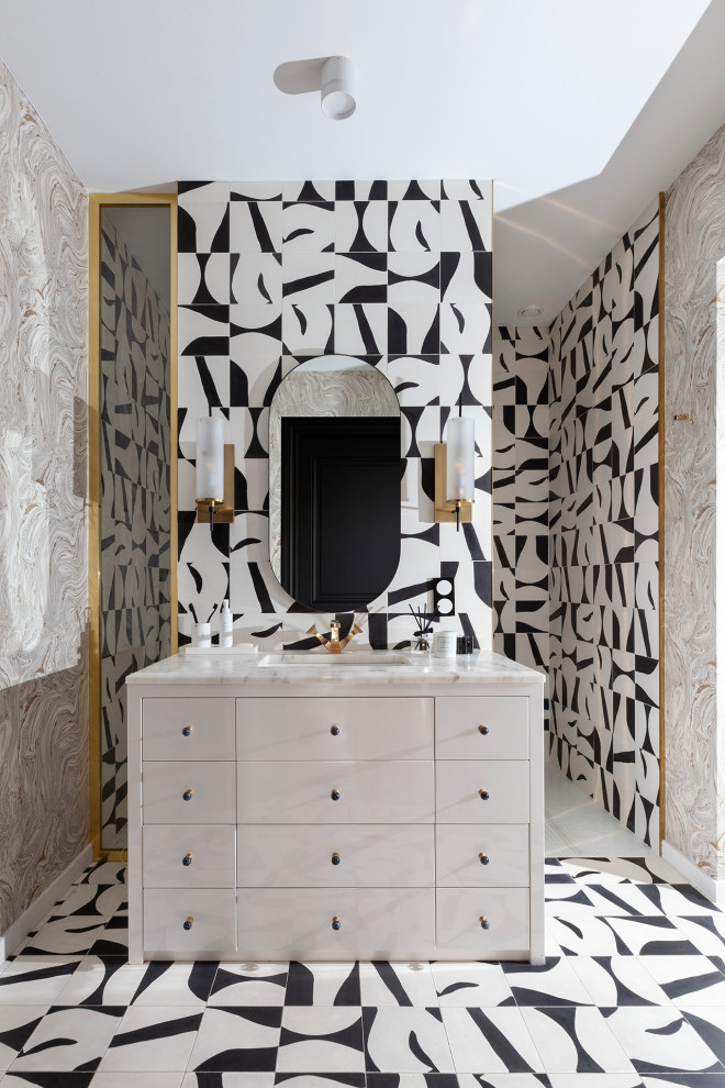 Design ideas for a contemporary wet room bathroom in Moscow with black and white tile, cement tile, an undermount sink, an open shower, white benchtops, a single vanity, a freestanding vanity, wallpaper, flat-panel cabinets and white cabinets.