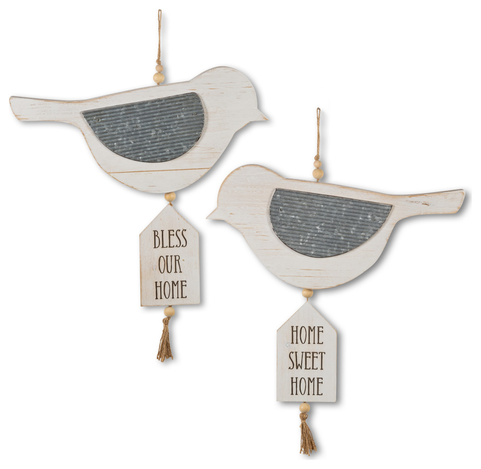 Set of 2 16.13" White Wood and Metal Hanging Bird Wall Decor