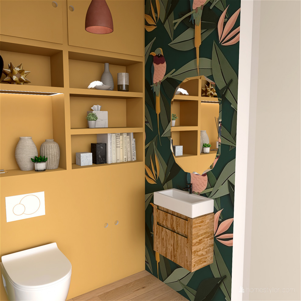 Стильный дизайн: туалет среднего размера в стиле модернизм с фасадами с декоративным кантом, желтыми фасадами, напольной тумбой и обоями на стенах - последний тренд