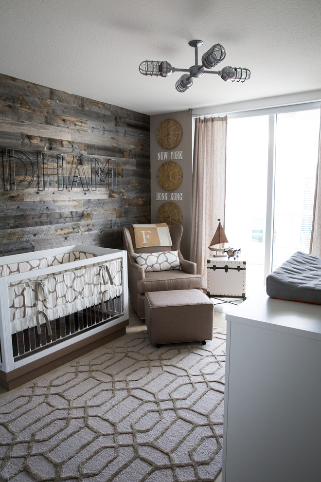 Small country gender-neutral nursery in New York with grey walls.