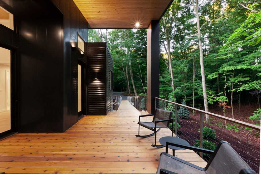 Medium sized and black modern bungalow detached house in Grand Rapids with metal cladding and a flat roof.