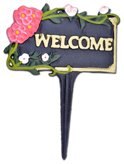 Welcome Garden Plaque Sign, Welcome Pink Flowers, Black Cast Iron, 7