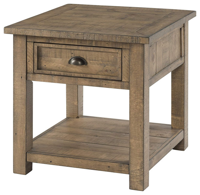 Rustic Square End Table, Pine Wood With Drawer & Lower Shelf