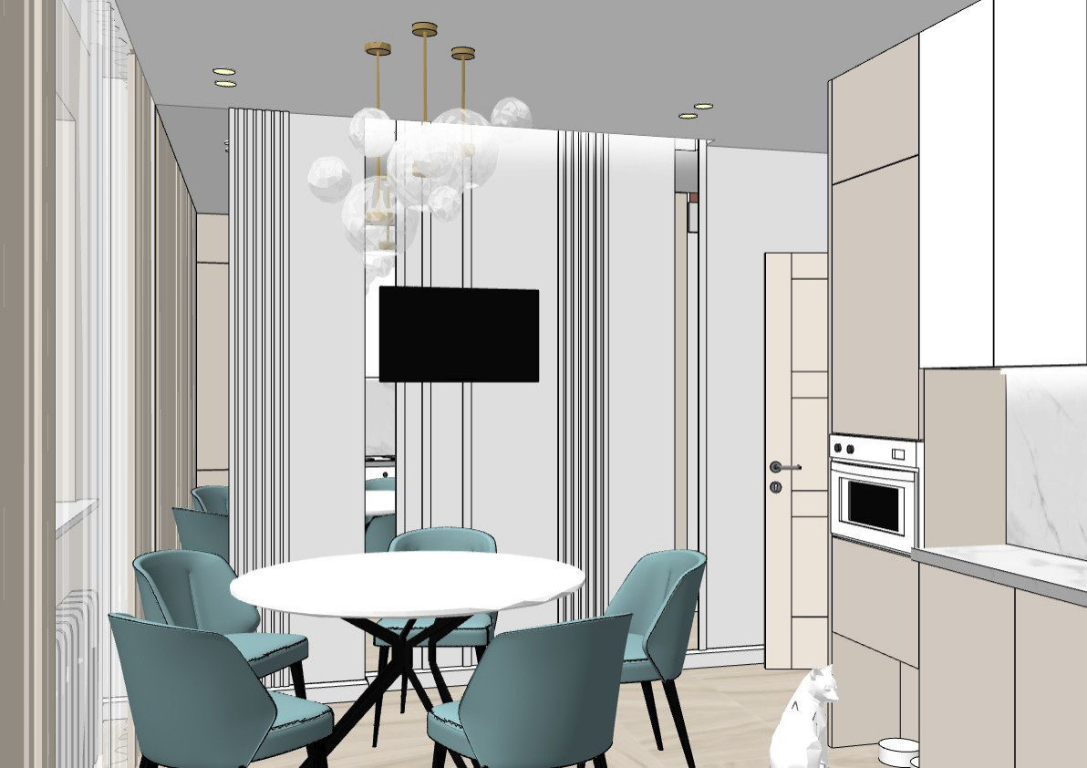 Эскизный проект кухни 11,5 м.кв. для семьи из 5 человек и кошки.