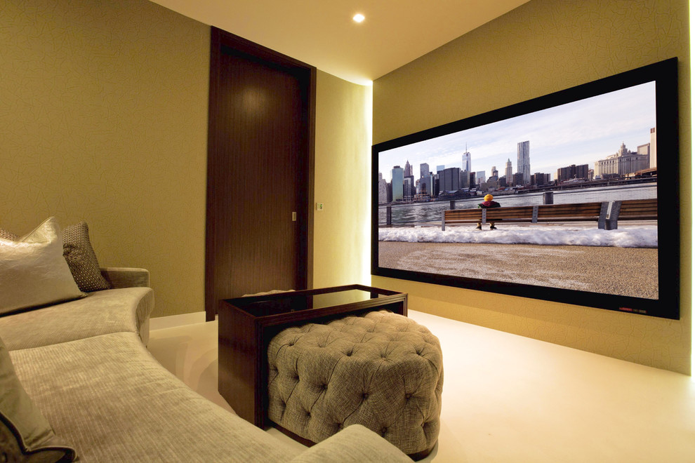 Design ideas for a small contemporary enclosed home theatre in London with beige walls and a projector screen.