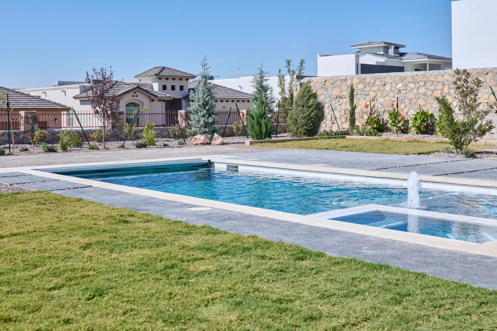 Esempio di una piscina naturale minimal rettangolare di medie dimensioni e dietro casa con paesaggistica bordo piscina e lastre di cemento