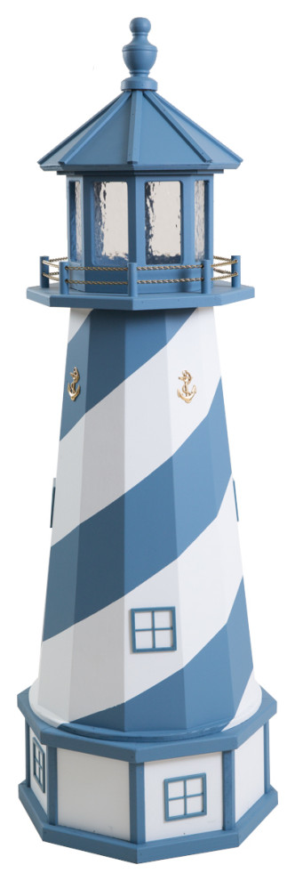 Outdoor Deluxe Wood and Poly Lumber Lighthouse Lawn Ornament, Blue and White, 66 Inch, Standard Electric Light