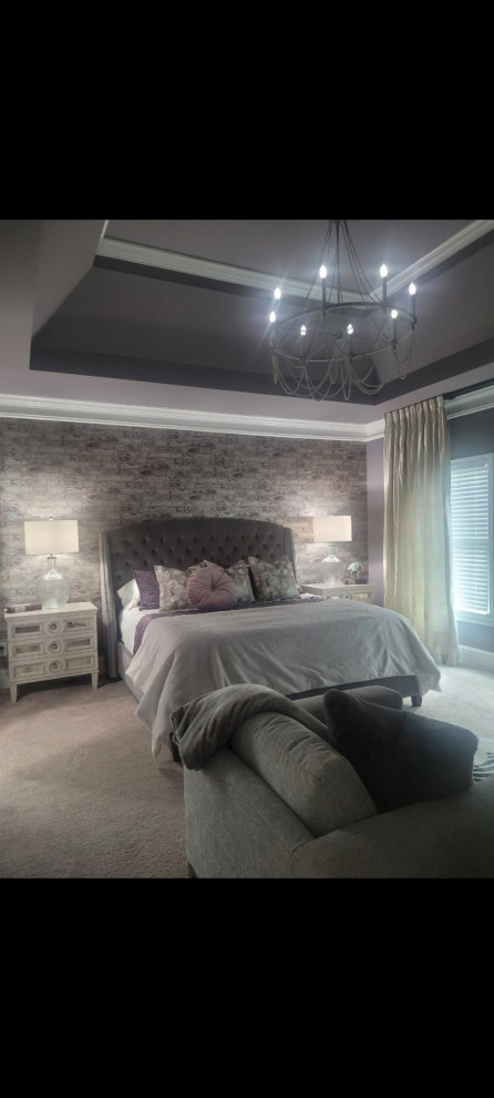 Large transitional master carpeted bedroom photo in Atlanta with gray walls