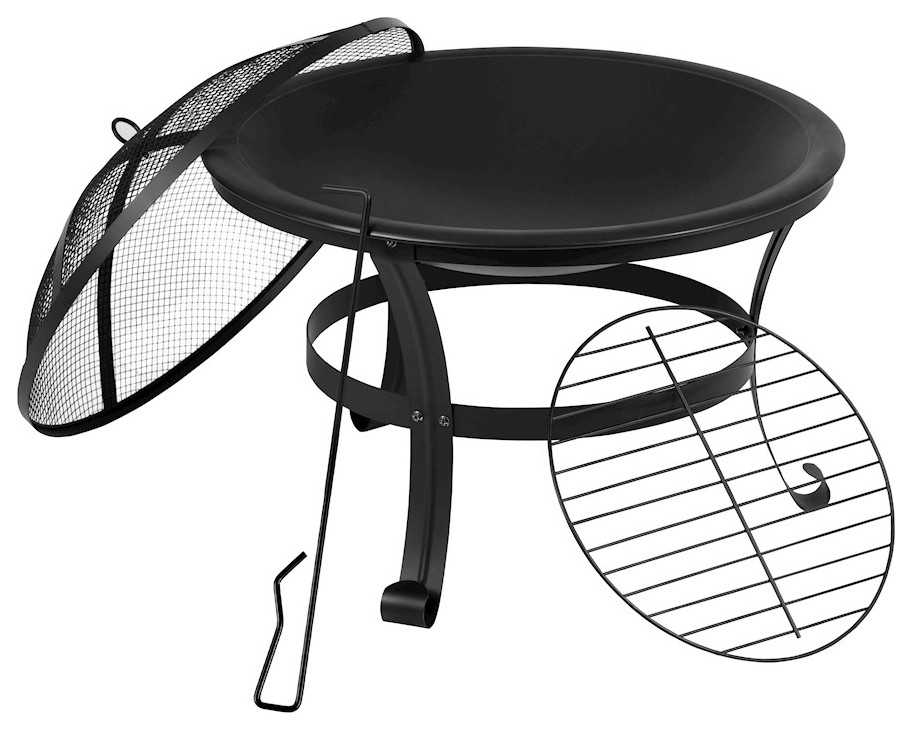 Flash 22" Round Wood Burning Firepit/Mesh Spark Screen and Poker YL