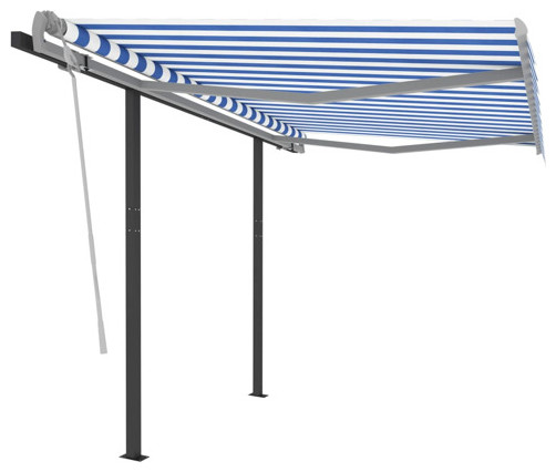 vidaXL Retractable Awning Patio Awning with Hand Crank and Posts Blue and White