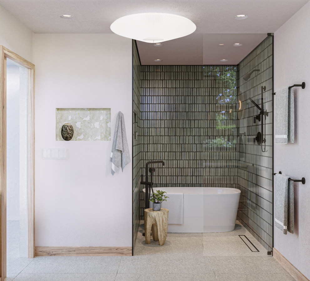 На фото: большая главная ванная комната в скандинавском стиле с фасадами островного типа, светлыми деревянными фасадами, отдельно стоящей ванной, открытым душем, инсталляцией, зеленой плиткой, керамической плиткой, белыми стенами, полом из известняка, врезной раковиной, столешницей из оникса, белым полом, открытым душем, зеленой столешницей, нишей, тумбой под две раковины и подвесной тумбой с