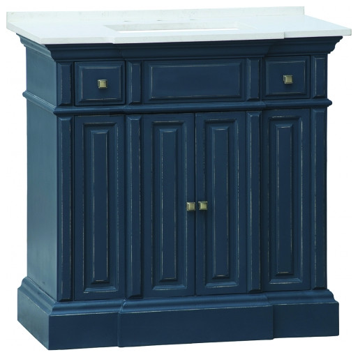 36 Inch Modern Distressed Navy Blue Bathroom Vanity with Single Sink, Quartz Traditional