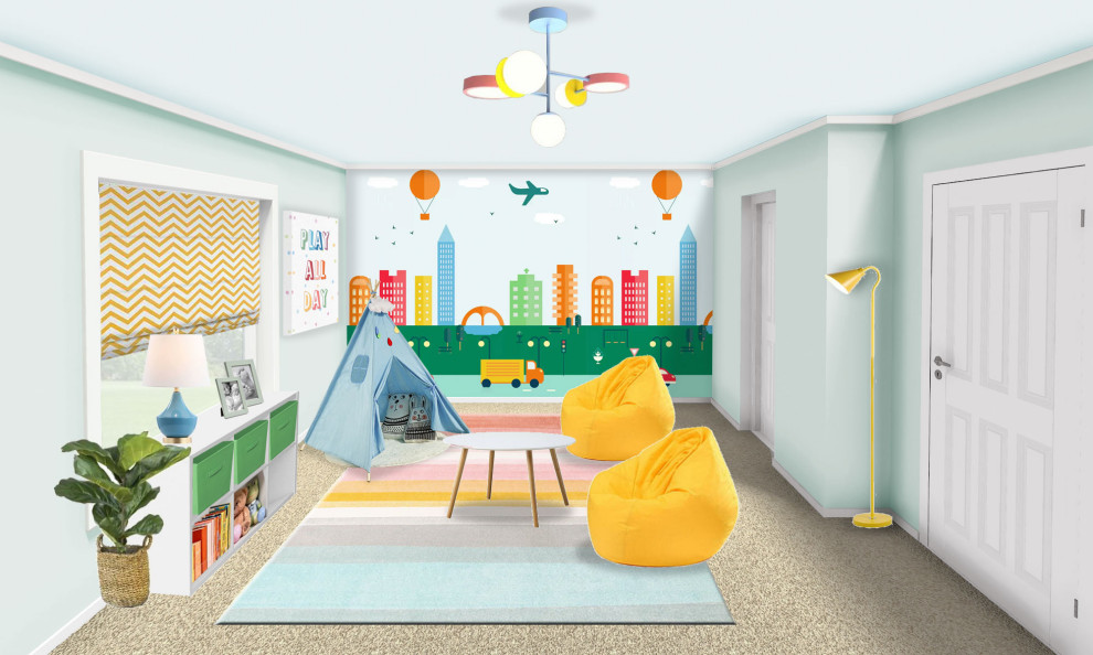 This is an example of a medium sized contemporary gender neutral kids' bedroom in Seattle with green walls, carpet, beige floors and wallpapered walls.