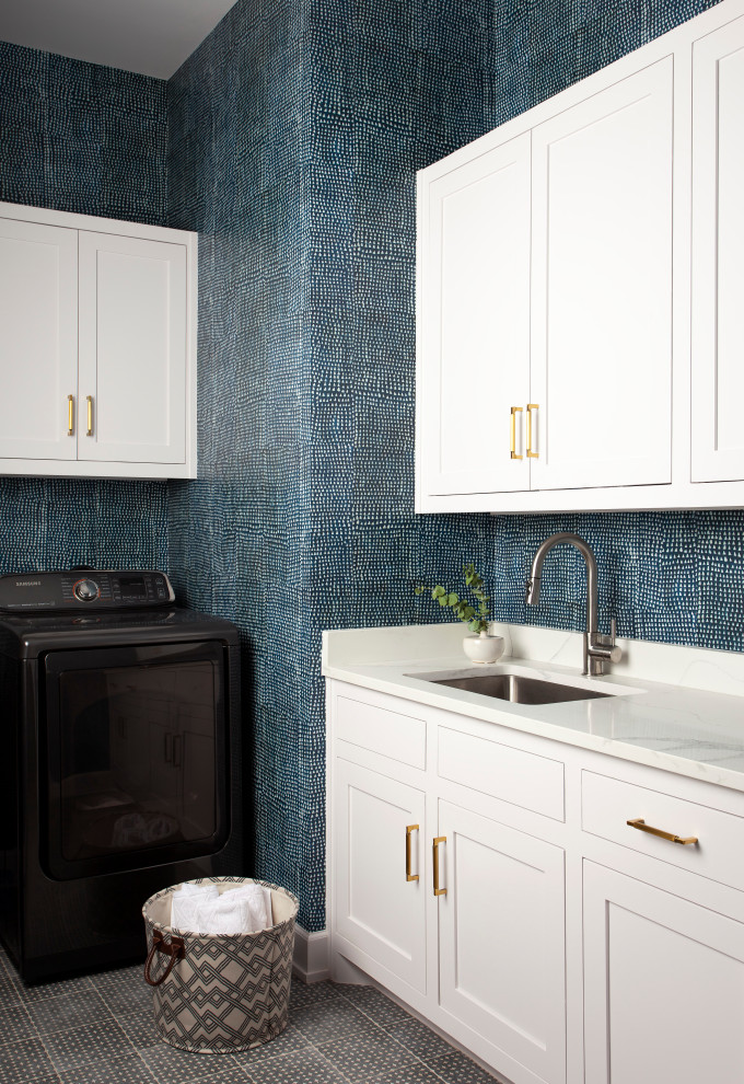 Mid-sized trendy galley laundry closet photo in Austin with shaker cabinets, white cabinets, granite countertops, blue walls and white countertops