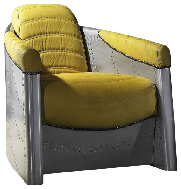 Aluminum Patchwork Lounge Chair With Stitched Upholstery, Yellow And Brown Industrial