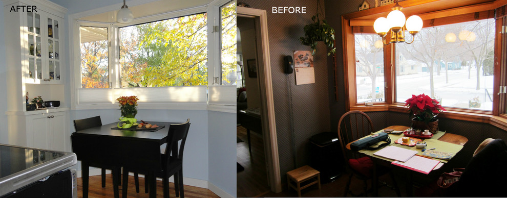 Inspiration for a transitional l-shaped enclosed kitchen remodel in Minneapolis with an undermount sink, flat-panel cabinets, medium tone wood cabinets, quartz countertops, beige backsplash and stainless steel appliances