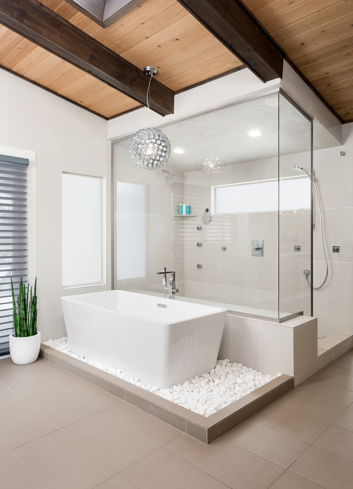 Large midcentury master bathroom in Portland with a freestanding tub, an open shower, beige tile, white walls, an open shower, grey floor and porcelain floors.