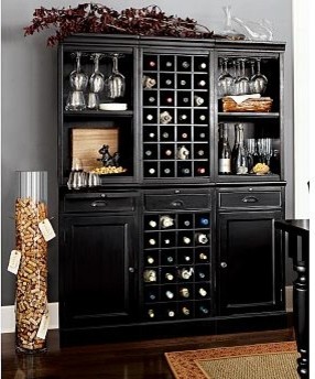 Wine Bar Wall Unit, 2 Cabinets/1 Wine Grid Base, 2 Open Hutches/1Wine Grid Hutch