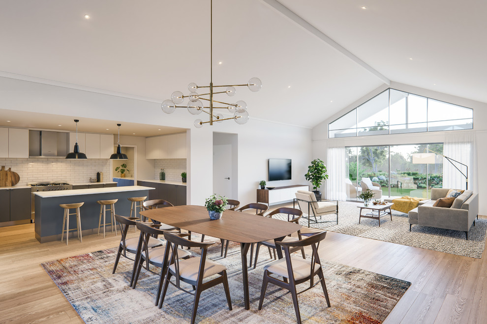 Design ideas for a contemporary open plan dining in Perth with light hardwood floors, brown floor, white walls and no fireplace.