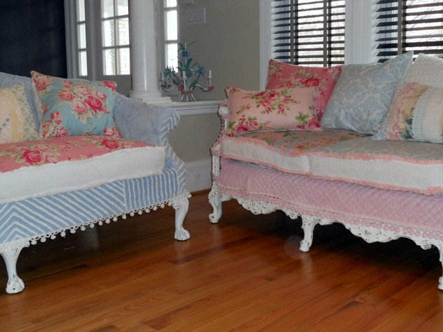 Shabby Chic Sofas Slipcovered With Vintage Chenille Bedspreads And