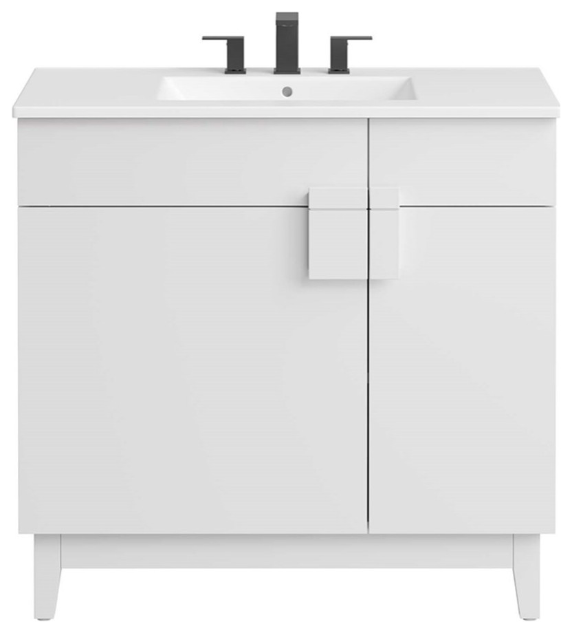 Modway Miles 36" Wood Bathroom Vanity with Tapered Legs in White Transitional Bathroom