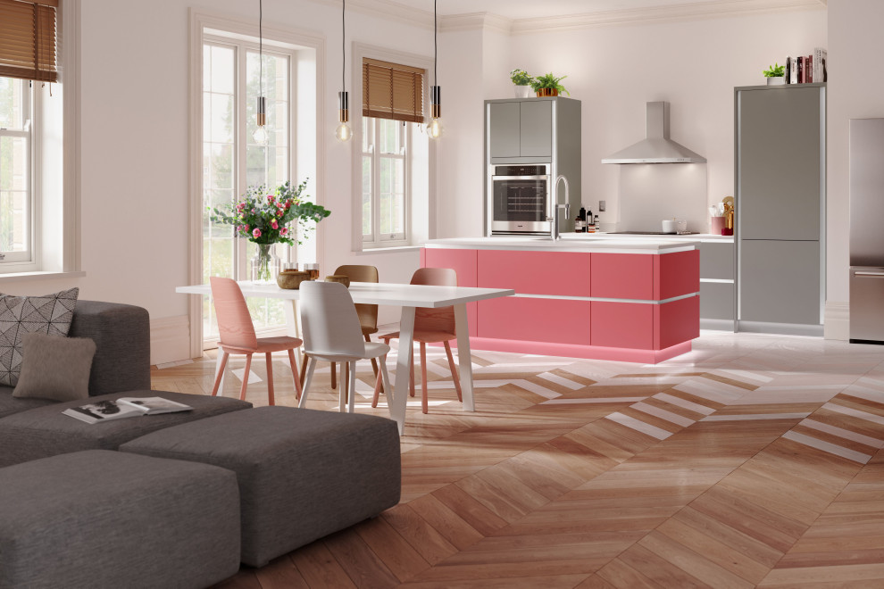 Modern kitchen in Other with flat-panel cabinets, pink cabinets, quartzite benchtops, with island and white benchtop.