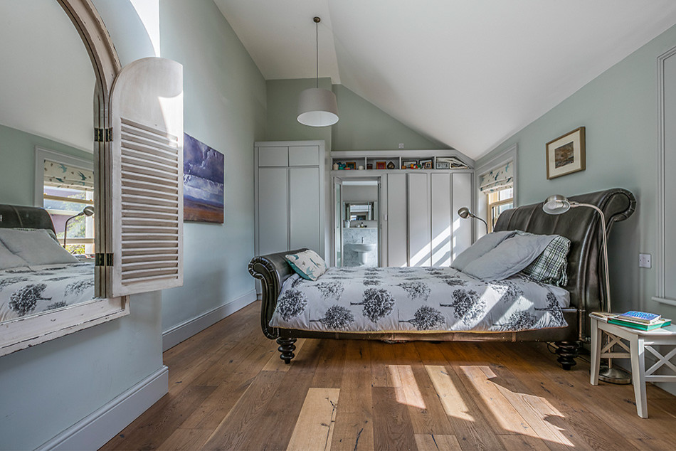 Mid-sized transitional bedroom in Dublin with medium hardwood floors and brown floor.