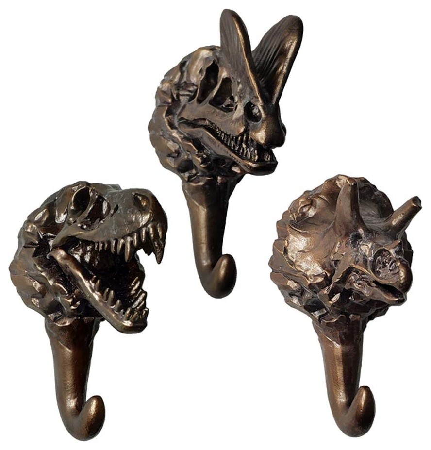 3 Pieces Resin Dinosaur Wall Hooks Bronze Decorative Mounted Coat Hangers