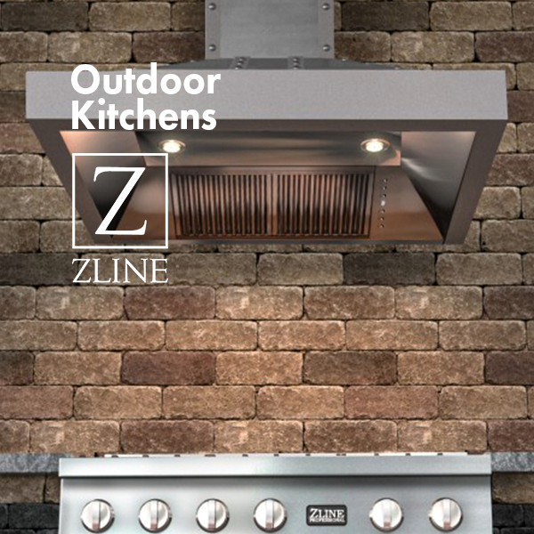 Outdoor Kitchen with a ZLINE KECOM-304 Stainless Outdoor Wall Range Hood