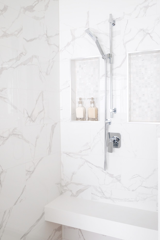 Transitional master white tile and porcelain tile porcelain tile and white floor freestanding bathtub photo in Toronto with shaker cabinets, medium tone wood cabinets, gray walls, an undermount sink, quartzite countertops and white countertops