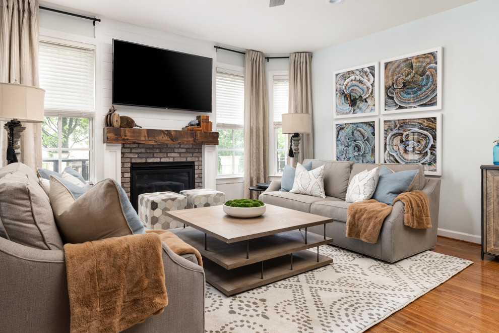 Kitchen and Sitting Room with Shiplap Hood Range and Fireplace